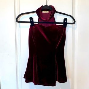 LOVE CULTURE burgundy velvet strapless peplum top with neck piece